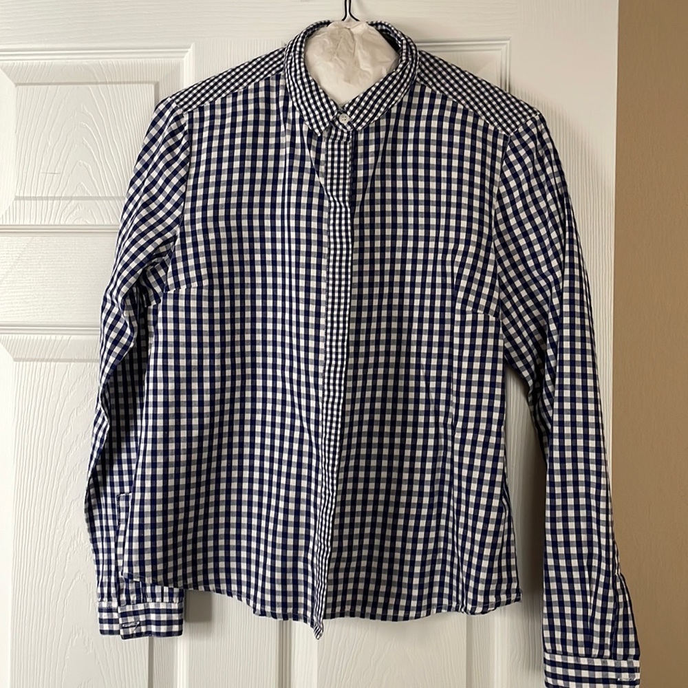 Topshop Button Down Plaid Checkered Long Sleeve Shirt Blue and White